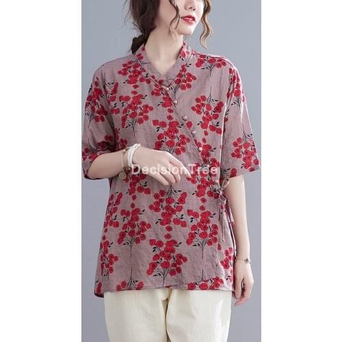 2021 chinese traditional shirt female women blouse flower print daily loose tops cotton linen shirt chinese blouse hanfu shirts