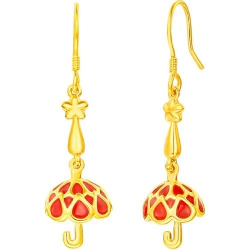Pure 24K Yellow Gold Earrings Women 999 Gold 3D Hard Gold Umbrella Long Dangle Earrings