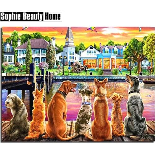 5D Diy Diamond Painting Houses By River Cross Stitch Pattern Full Diamond Embroidery Dogs Diamond Mosaic Needlework Decor 194026