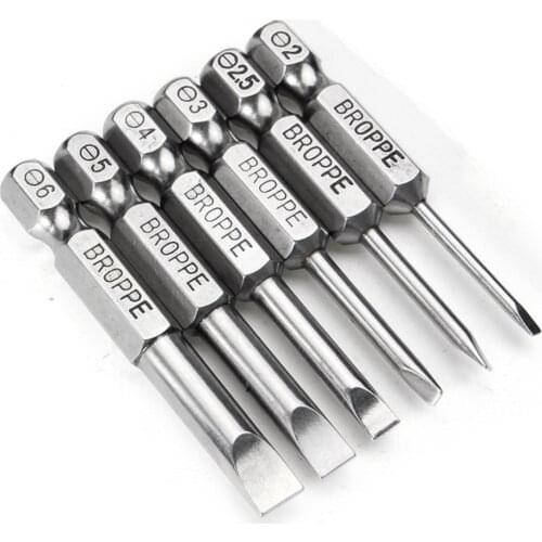 6Pcs 50mm Alloy Steel Magnetic 2.0-6.0mm Flat Head Slotted Tip Screwdrivers Bits Set 1/4 Inch Hex Shank