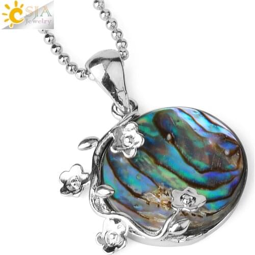 CSJA Natural Abalone Shell Pendant Necklace Small Round Colorful Shells Hollow Flower Charm for Jewelry Making Women Girls G023