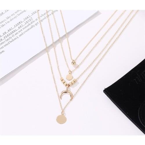 Boho Geometric Cube Circle Moon Star Multilayer Golden Tassel Chain Pendant Alloy Necklace For Women Girls