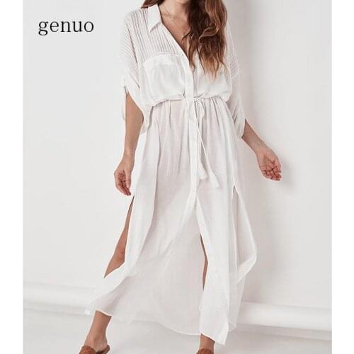 Summer Boho Dress 2020 Cotton Maxi Beach Dress Robe Longue Vestidos Beach Tunic V Neck Split White Long Ladies Casual Dress