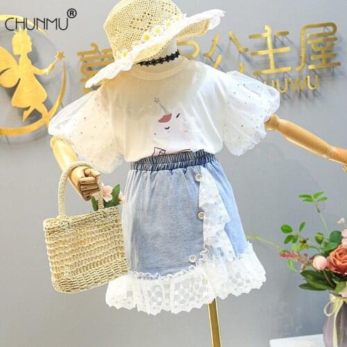 Summer Kids Clothing Sets Fashion Girls Suits Puff Sleeve Top and Lace Denim Skirt 2Pcs Casual Kids Outfits Girl Clothing Suits