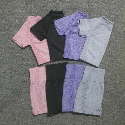 2pcs/set Summer Women Vital Seamless Yoga Set Fitness Short Sleeve Crop Top Shirts Running Shorts Workout Clothes Women Gym Set