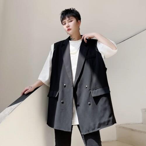 Summer clothing Korean personalized different color sewing design Korean fashion mens loose double breasted vest hairdressers