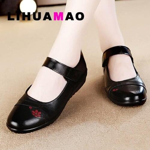LIHUAMAO Leather women wedges shoes ankle strap round toe Mary Jane shoes wedding party ladies dress shoes