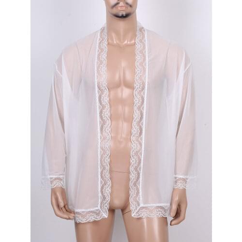 Fashion Mens See-through Lace Trim Mesh Lingerie Tanks Cardigan Long Sleeve Nightwear Sleepwear for Party Evening Underwear