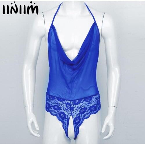 Mens Exotic Lingerie Teddies Lace-up Back Mesh See-through Babydoll Gay Sissy Open Crotch Sleepwear Sexy Clubwear Costumes