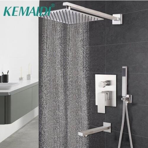 KEMAIDI Brushed Nickel Bathroom Shower Set Wall Mounted Solid Brass Ultrl-thin Square Rainfall Shower Embedded Box Valve Tap