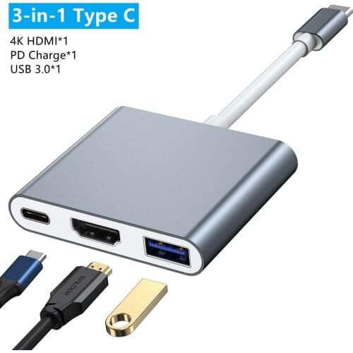 YelWong 3 in 1 USB C HUB to HDMI-compatible Type C 2 VGA For Macbook Pro/Air Type C Hub to HDMI-compatible USB 3.0 Port PD Power