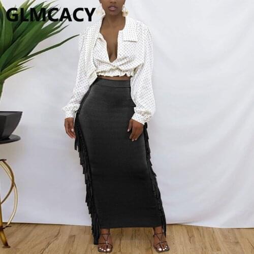 High Waist Tassels Detail Maxi Skirt Casual Solid Bodycon Slim Skirts Bottoms