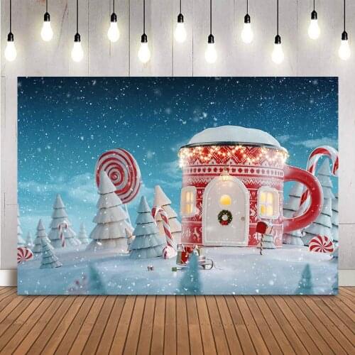 Merry Christmas red house winter snow background for photo studio candy house pine snowflake photo booth background photocall