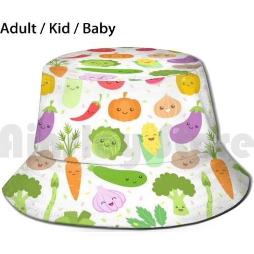 Happy Veggies Sun Hat Foldable UV Protection Veggies Vegetables Green Vegan Vegetarian Food Foodie Kawaii Eggplant
