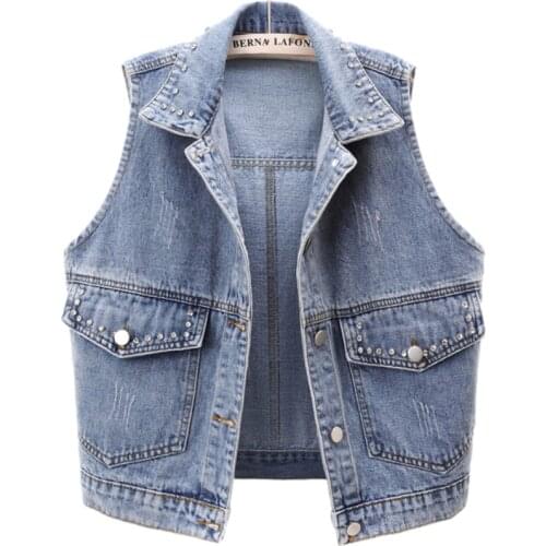 Spring Vintage Denim Vest Coat Women fashion Diamond Pocket Frayed Sleeveless Jacket Casual Short Jeans Waistcoat Female G1031