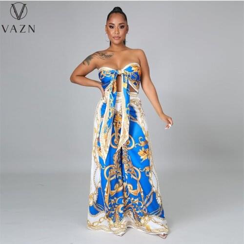 VAZN 2021 Holiday Sleeveless Strapless Beach Floral Style Sexy Causal 2 Piece Set Loose Women Top And Pant Summer