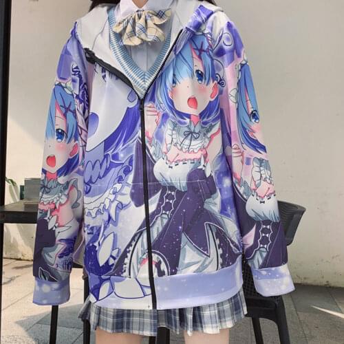Japanese Anime Jacket Harajuku Women Girl Shirt Hoodie Sweatshirt Hooded Zipper Up Coat Clothing Costume Clothes Re Zero Rem Ram