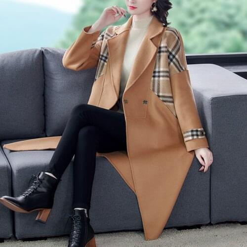 2020 High Quality 3XL Plus Size Double-sided Wool&blends Autumn Winter Women Vintage Black Plaid Elegant Bodycon Outwear Coats