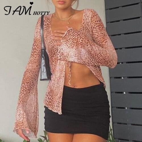 Leopard Print Vintage Lace Up Shirt Women V-neck Long Sleeve T-shirts y2k Harajuku Top Tee 90s Aesthetic Clothes Fall Iamhotty