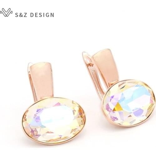 S&Z DESIGN Korean Fashion Elegant Luxury Big Oval Crystal Dangle Earrings 585 Rose Gold Eardrop For Women Wedding Party Jewelry