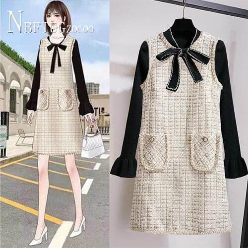 2020 Plus Size Autumn Women Sets Tweed Sleeveless Dress And Long Sleeve Blouse Female Sets