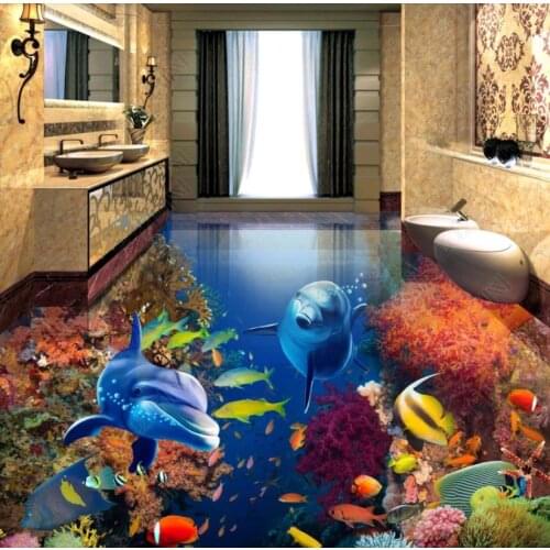 3d flooring mural wallpaper custom Tropical fish dolphin bedroom Living room bathroom walls floor wallpaper for walls 3 d