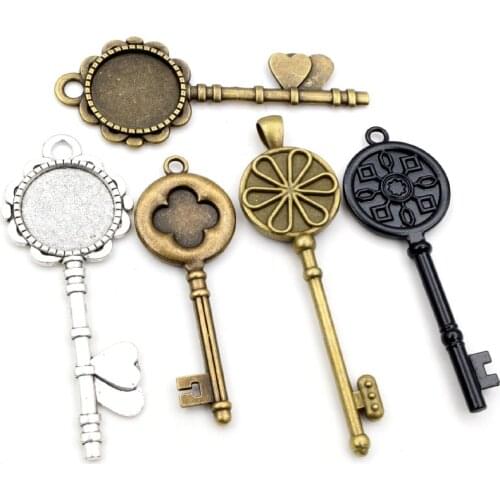 5pcs 20mm Inner Size Antique Silver Plated Bronze Black Key Style Cabochon Base Setting Charms Pendant