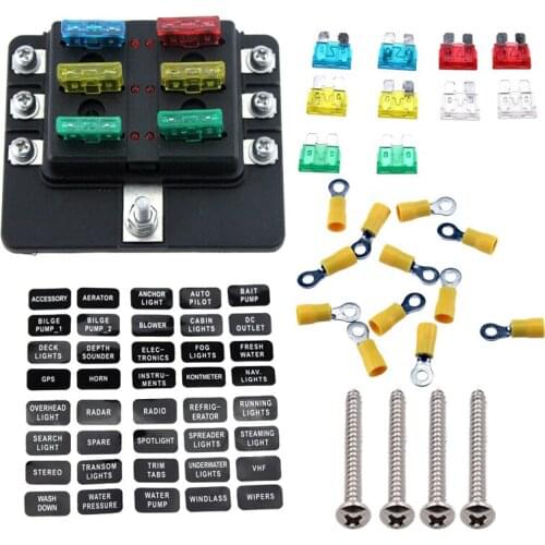 6 Circuit LED Fuse Block Fuse Box with screw terminal with accessories and kits for Car Boat Marine Trike