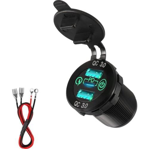 60W Dual QC 3.0 USB & PD Type-C Triple Socket 12-24V Aluminum Car Charger with Touch Switch Waterproof for Car Boat Marine RV