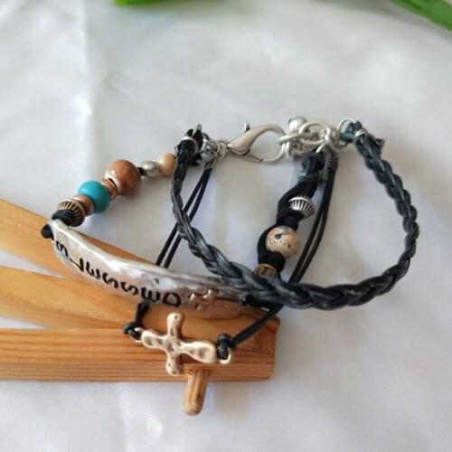 Ins Vintage Handmade Beads Braided Faux Leather Blessed Letters Cross Bracelets Women Party Hip-hop Rock Bohemia Jewelry