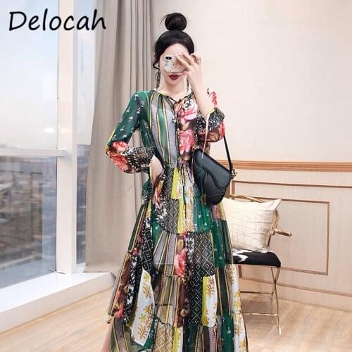 Delocah New 2021 Autumn Women Fashion Runway Party A-Line Dress Lantern Sleeve Bow Dot Floral Print Elegant Long Dress Vestidos