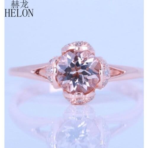 HELON Solid 14k Rose Gold Round 6mm Natural Morganite Diamond Engagement Wedding Ring Women Unique Flower Trendy Fine Jewelry