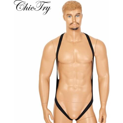 Sexy Mens Male Lingerie Body Chest Harness Halter Neck Elastic Wide Straps Mankini Jockstrap Underwear Leotard Bodysuit
