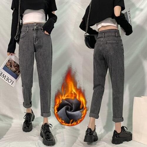 Plush Jeans Women 2020 Autumn Winter Fleece Warm Fashion New Korean Style High Waist Thick Ankle Length Straight Pants Mom Jeans