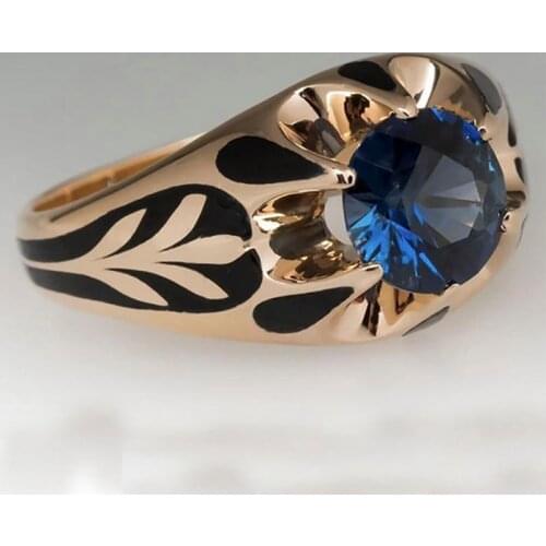 Popular Gold Plating Engarving Pattern Inlaid Blue Crystal Zircon rhinestone Male Alloy Ring for Men Party Jewelry Accessories