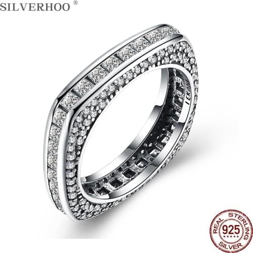 SILVERHOO Rings For Women 925 Sterling Silver Exquisite Full Cubic Zirconia Square Vintage Finger Ring Hot Sale Fine Jewelry