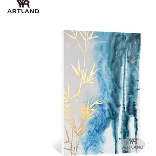 Modern abstract acrylic painting gold bamboo and blue landscape Handmade oil painting on canvas wall home decoration for room
