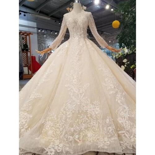 BGW HT43021 Handmade Crystal Wedding Dress Champagne O-neck Long Sleeve Corset Lace Up Back Wedding Gown With Long Train Fashion