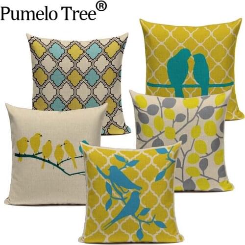 High Quality Yellow Color Love Letter Bird Cushions Cover Heart Home Decor Linen Pillow Cover Decorative Throw Pillows Pillowcas