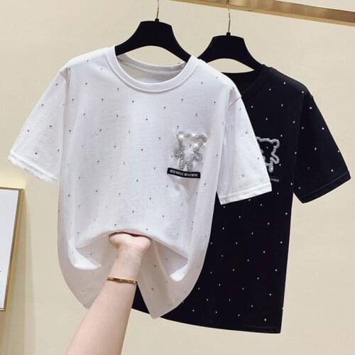 WWENN 2021 Summer Black Beaded Polka dot T shirt Women Tops Loose Casual White Tshirt Short Sleeve Plus Size Tee Shirt Femme