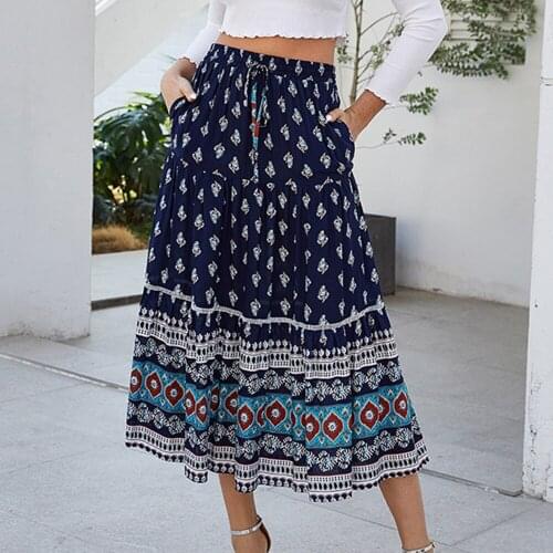 Boho Casual Floral Print Midi Skirt Woman Summer Fashion High Waist Lace Up Skirts Womens 2021 Vintage A-line Cotton Skirt Femme