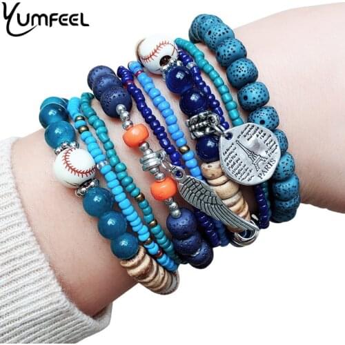 Yumfeel Brand New Beads Charm Bracelet Women Handmade Multi layered Beaded Feather Bracelet Set Bohemian Jewelry Gifts Boho