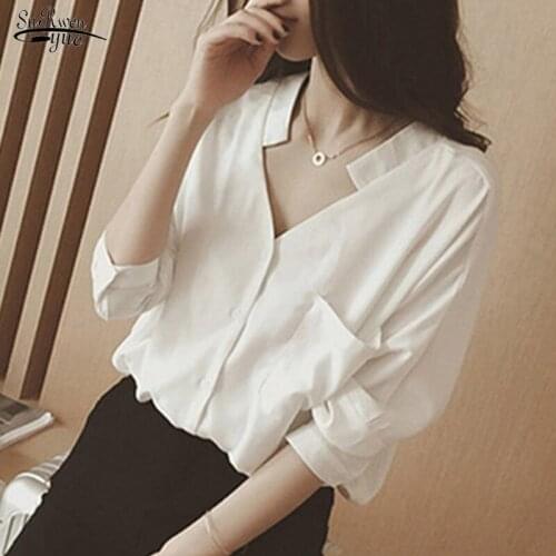 2020 Autumn Casual Solid Button Cardigan Shirt Women Chiffon V-Neck Blouse Women Long Sleeve Loose Ladies Clothing Blusas 11046