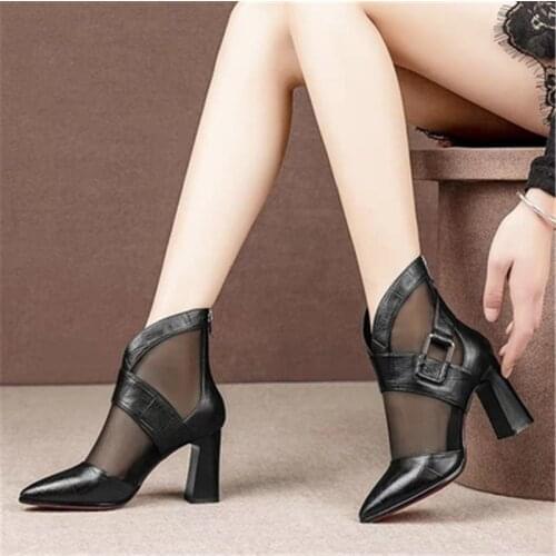 Women High Heeled Sandals Boots Pointed toe Thick Heel Gladiator Buckle Mesh Ankle Boot Black Spring Summer Shoes for Woman34-40