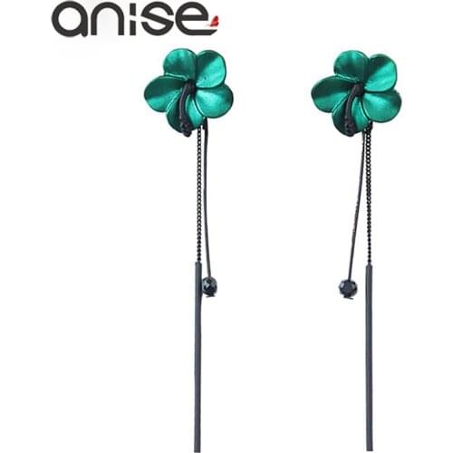 Anise Cute Flower Tassel Stud Earrings Woman Cute Cherry Blossoms Black Crystal Long Earrings Female Party Jewelry Brincos