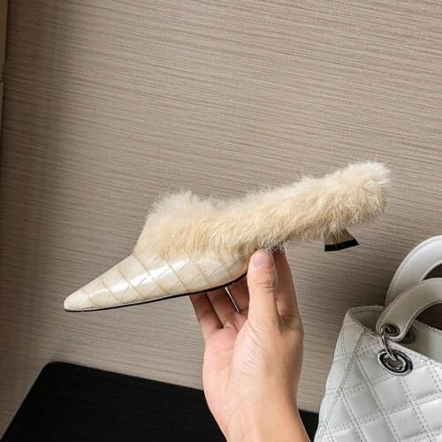 OLOMLB Womens Pointed Toe Real Fur Stone Pattern Leather Slipper Mule Strange Heel Furry Shoes Mules Black Warm Winter New 2020