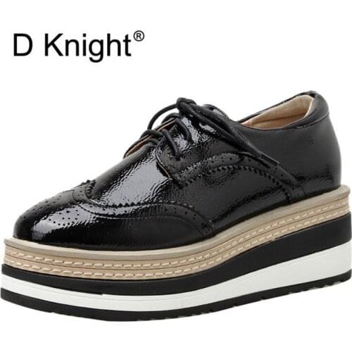 Spring Autumn Soft Leather Shoes Women Wedges Oxfords England Lace Up Platform High Heels Brogues New Casual Female Shoes Pumps