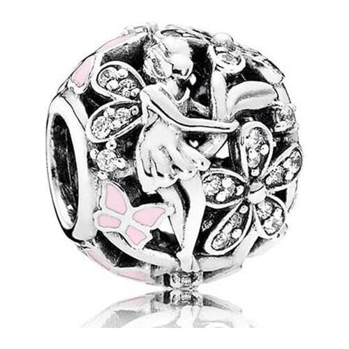 Genuine 925 Sterling Silver Bead Charm Openwork Dazzling Daisy Fairy With Crystal Beads Fit Women Pan Bracelet & Necklace J