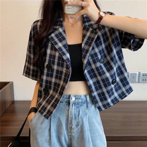 2021 Summer Blazers For Women Formal Leisure Short Coat Double Breasted Plaid Notched Office Lady Loose Crop Top Korean