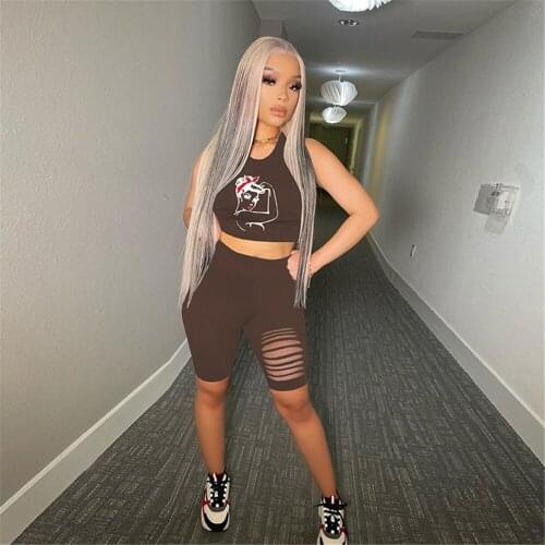 Casual Two Piece Short Set Printing Burnt Holes Sleeveless Vest Sports Biker Streetwear Matching Set Women Summer